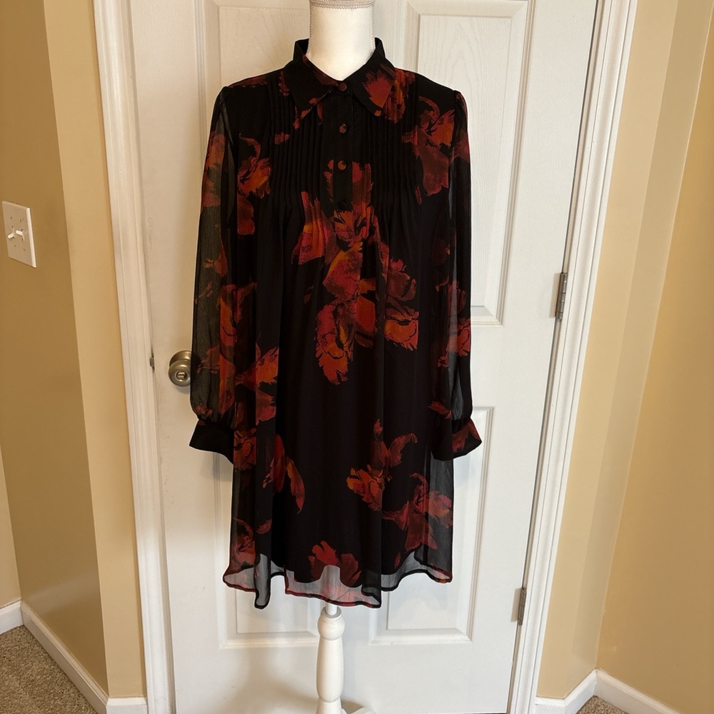 Nine West Black and Red Floral Long Sleeve Dress